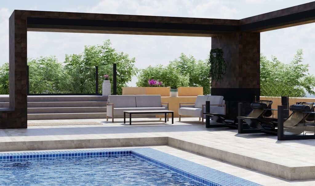 Pérgola de isla autoportante junto a piscina con zona chill out y tumbonas en jardín exterior de lujo